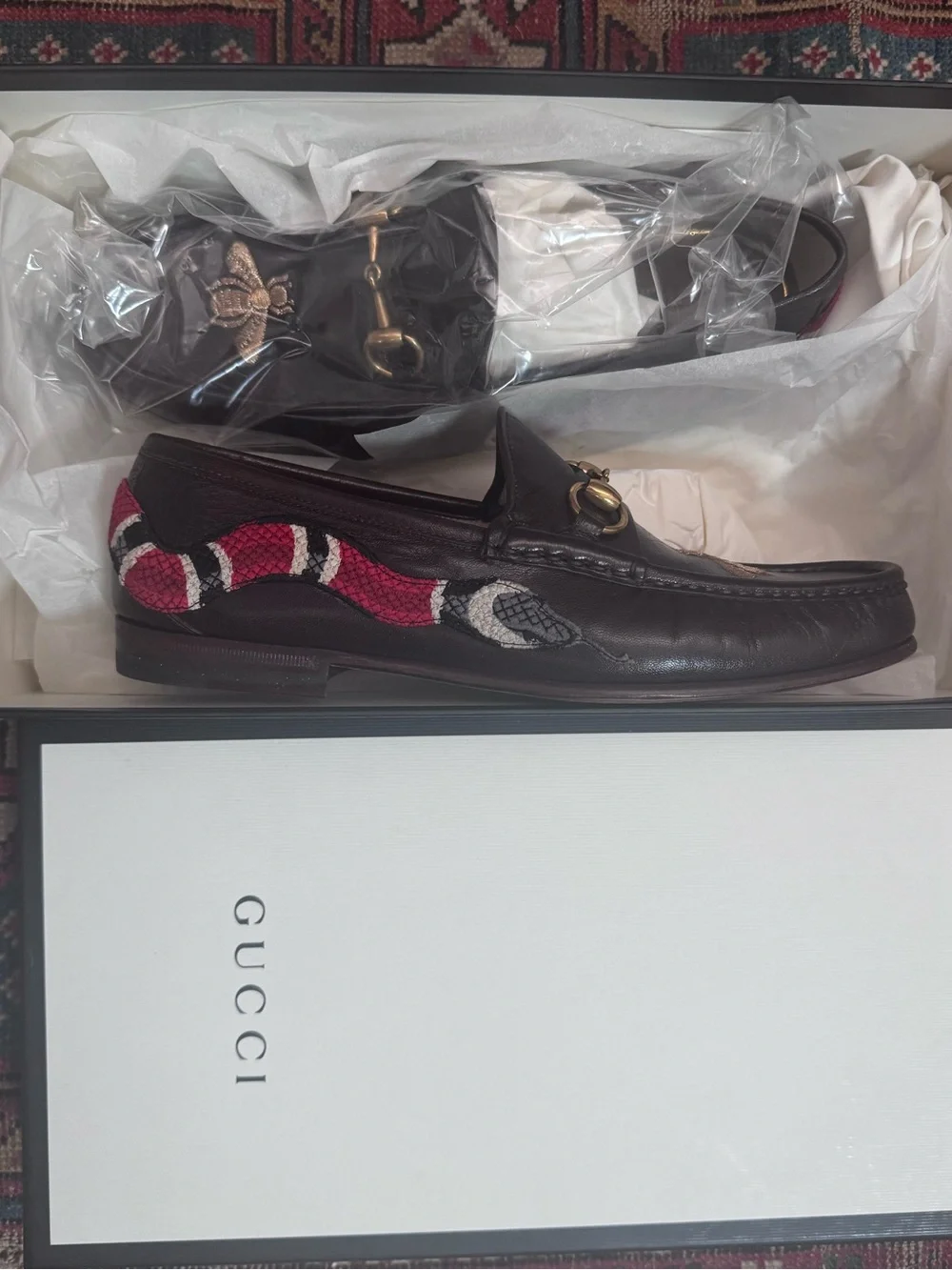 Gucci Black Leather Horsebit Loafers with Red & White Snake Embroidery